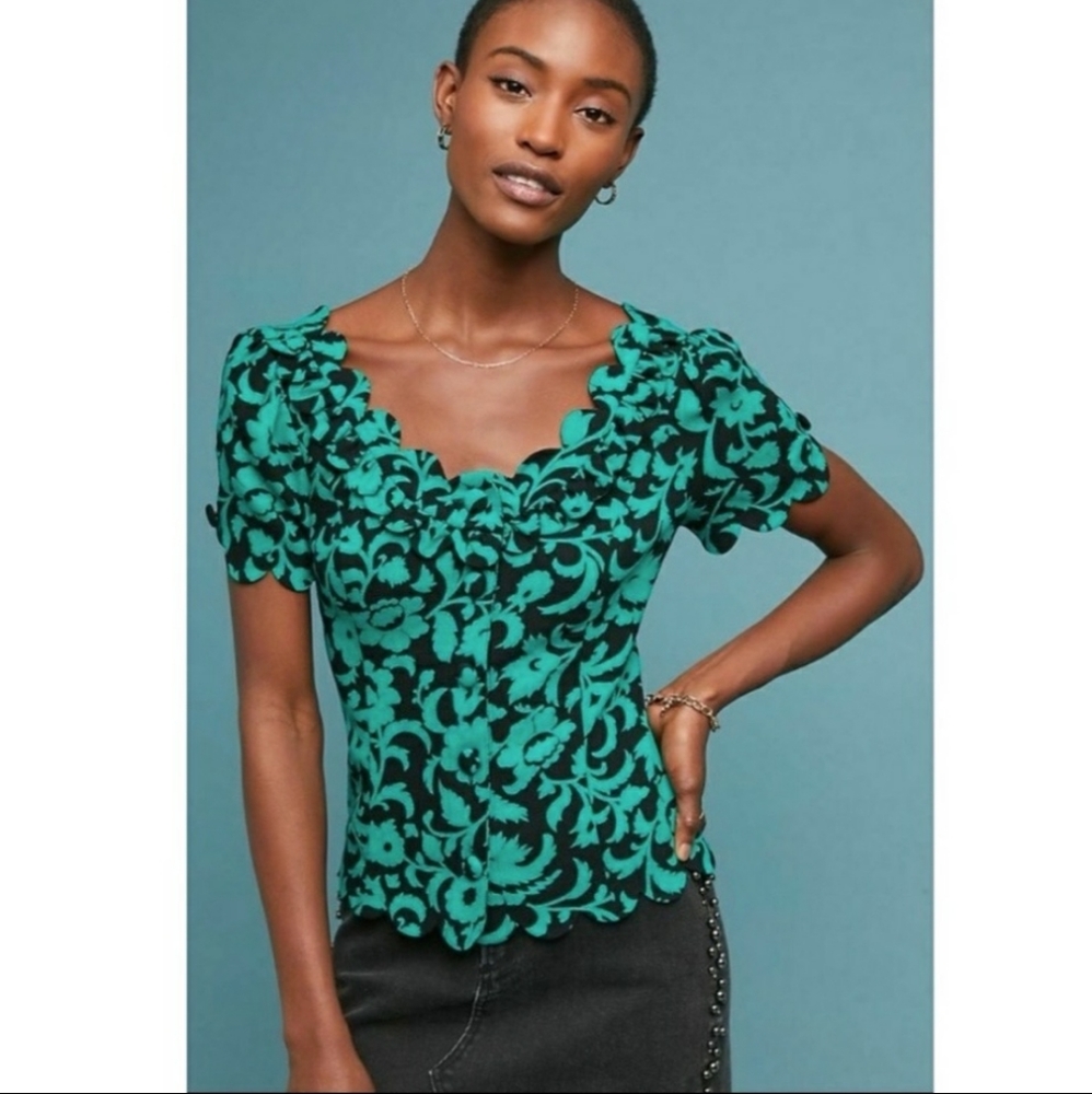 Anthropologie Maeve Green Black Floral Scalloped Blouse Top Shirt